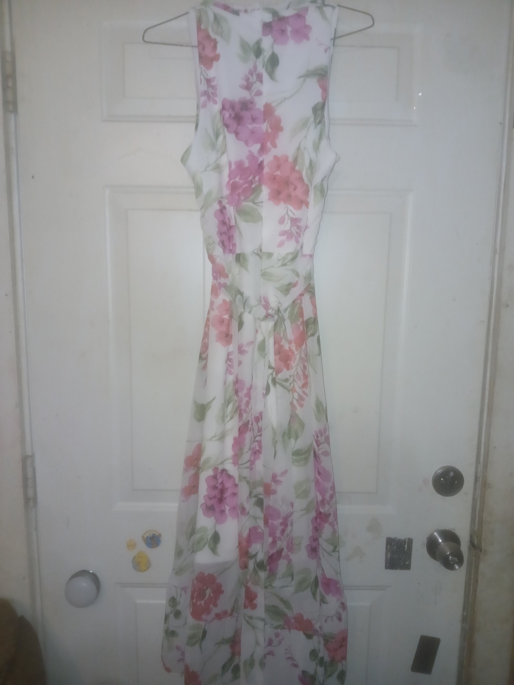 Sleeveless White Floral Maxi Dress with Pink & Green Blooms